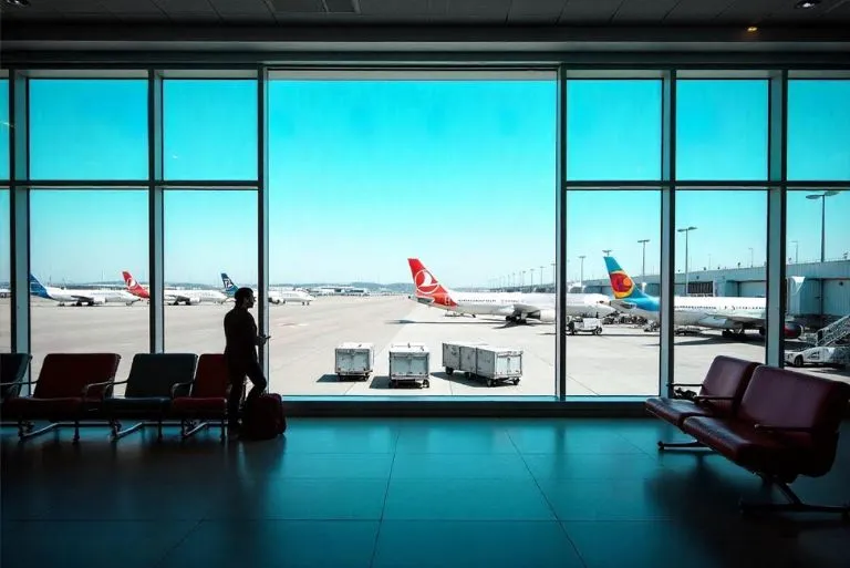 An airport with several planes parked on the runway under a blue sky.